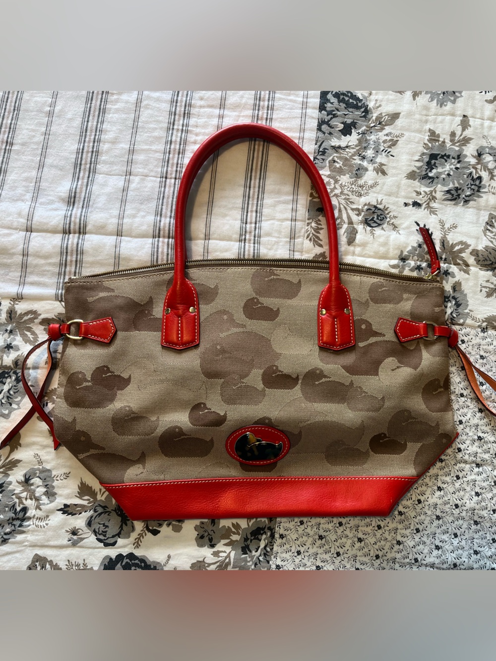 Vintage Dooney & Bourke Brown Signature Duck Tote with Orange Leather Trim